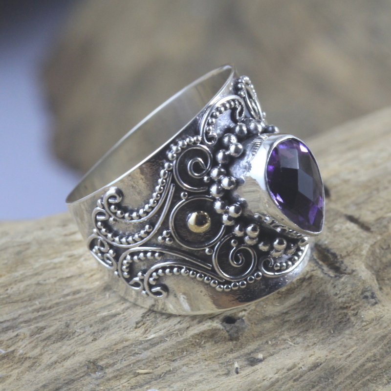 Bali Artisan Silver Gemstone Gold Ring R325AMYW225 - Image 2