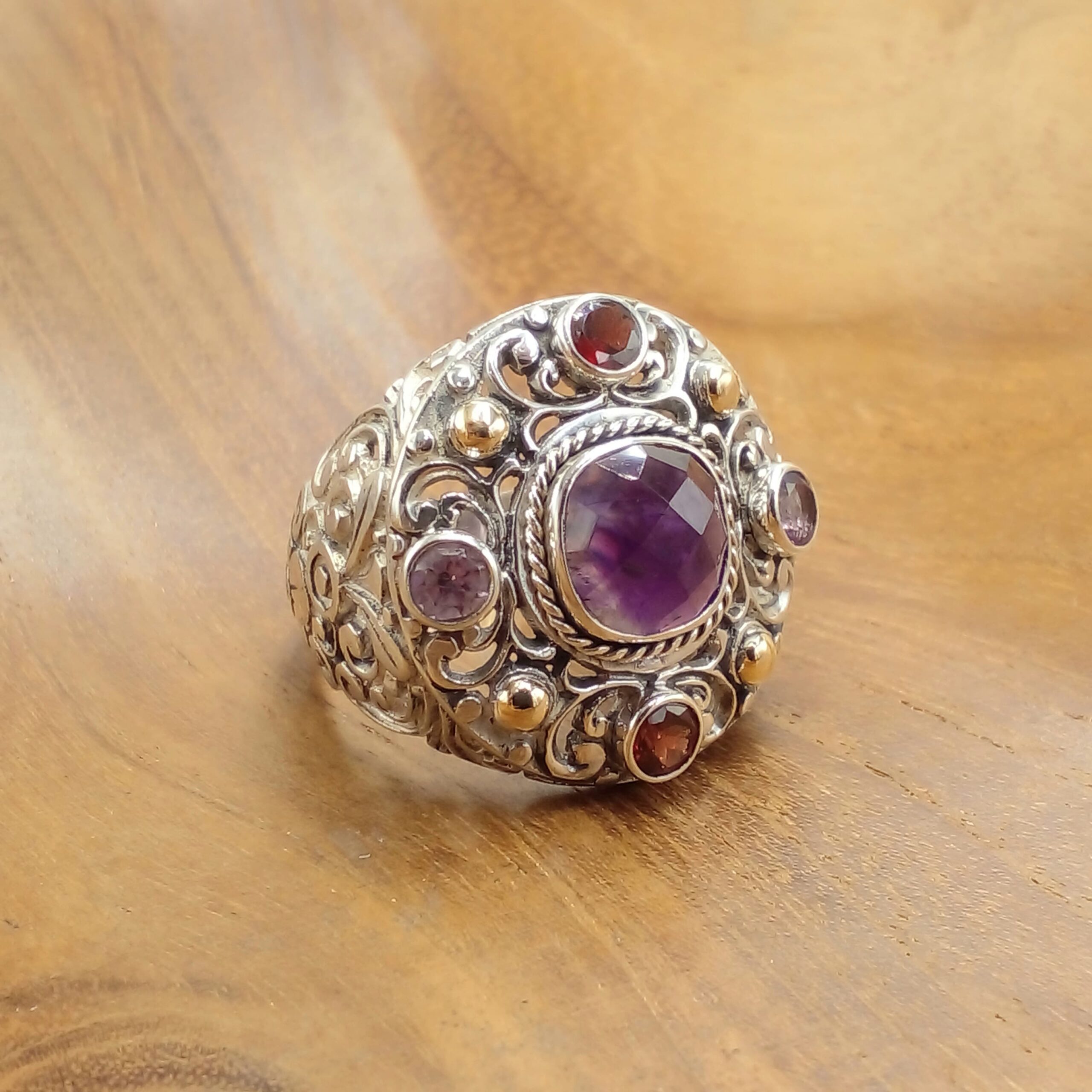 Sterling Silver Bali Ring With Gold And Gem R672AMYW563 - Image 1