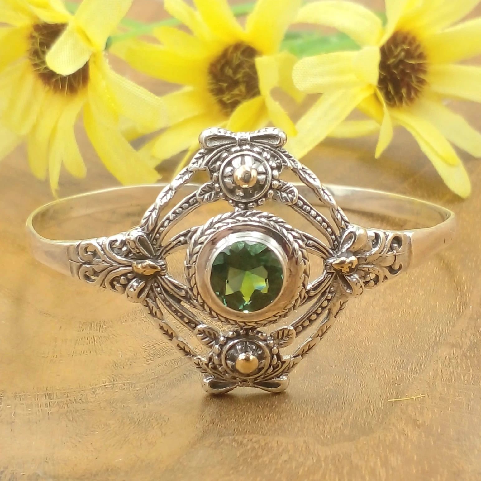 Balinese Silver Cuff Bracelet with Gemstones B658LRMW646 - Image 2