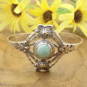 Balinese Silver Cuff Bracelet with Gemstones B658LRMW646 - Image 1