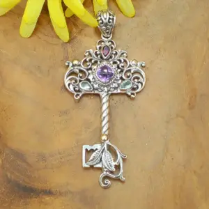 Balinese Silver Key Pendant With Gems P822AMYW646 - Image 1