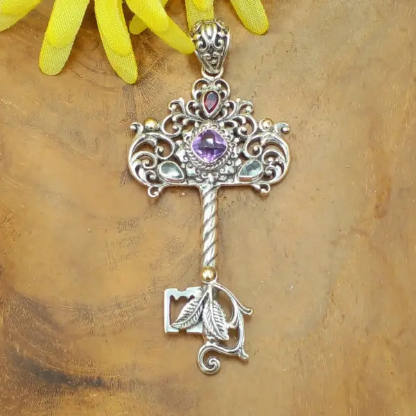 Balinese Silver Key Pendant With Gems P822AMYW646