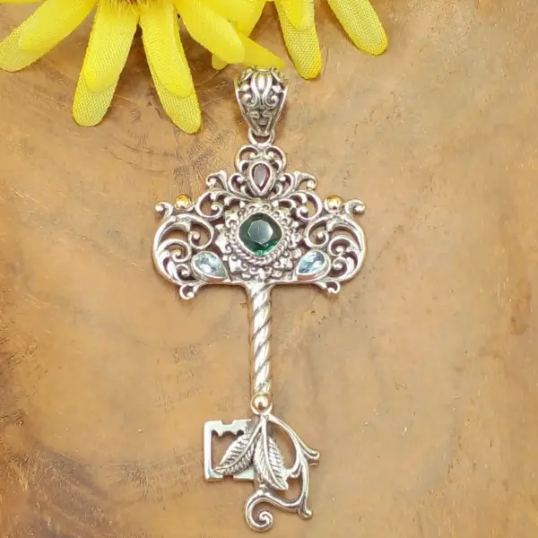 Balinese Silver Key Pendant With Gems P822AMYW646