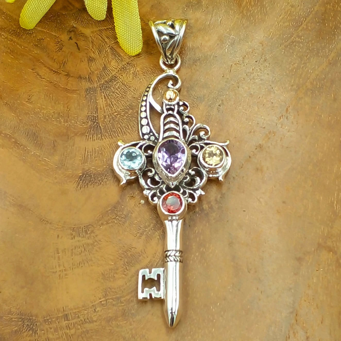 Balinese Silver Key Pendant With Gems P823AMYW462 - Image 1