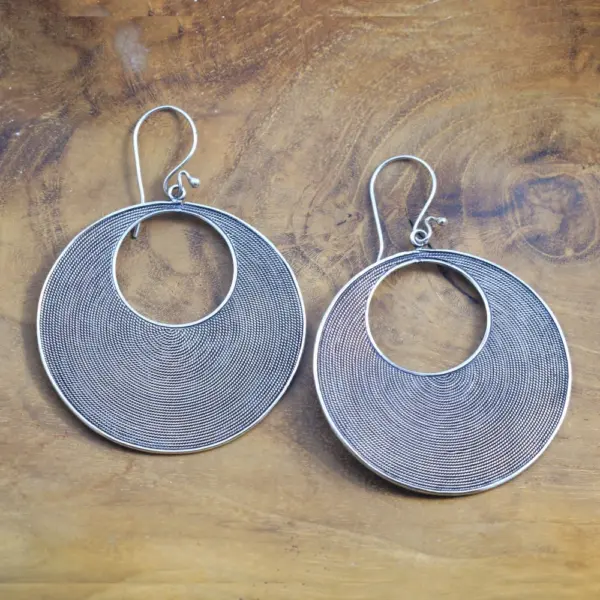 Authentic 925 Sterling Silver Women's Earrings with Javanese Circle Motif, Typical of Balinese Craftsmen E1171LW591