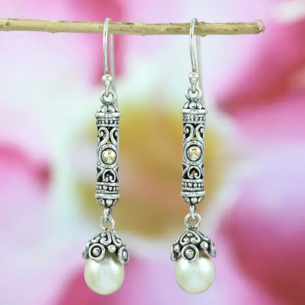 Classic 18K Gold Filigree Long Earrings with Pearl Accents E1205MWTW378