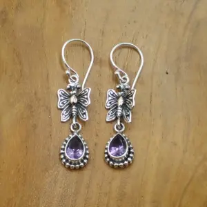 Filigree & Gemstone Silver Butterfly Hanging Earrings E1276BTZW323 - Image 2