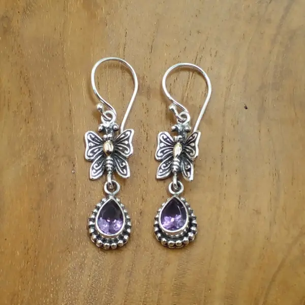 Filigree & Gemstone Silver Butterfly Hanging Earrings E1276BTZW323
