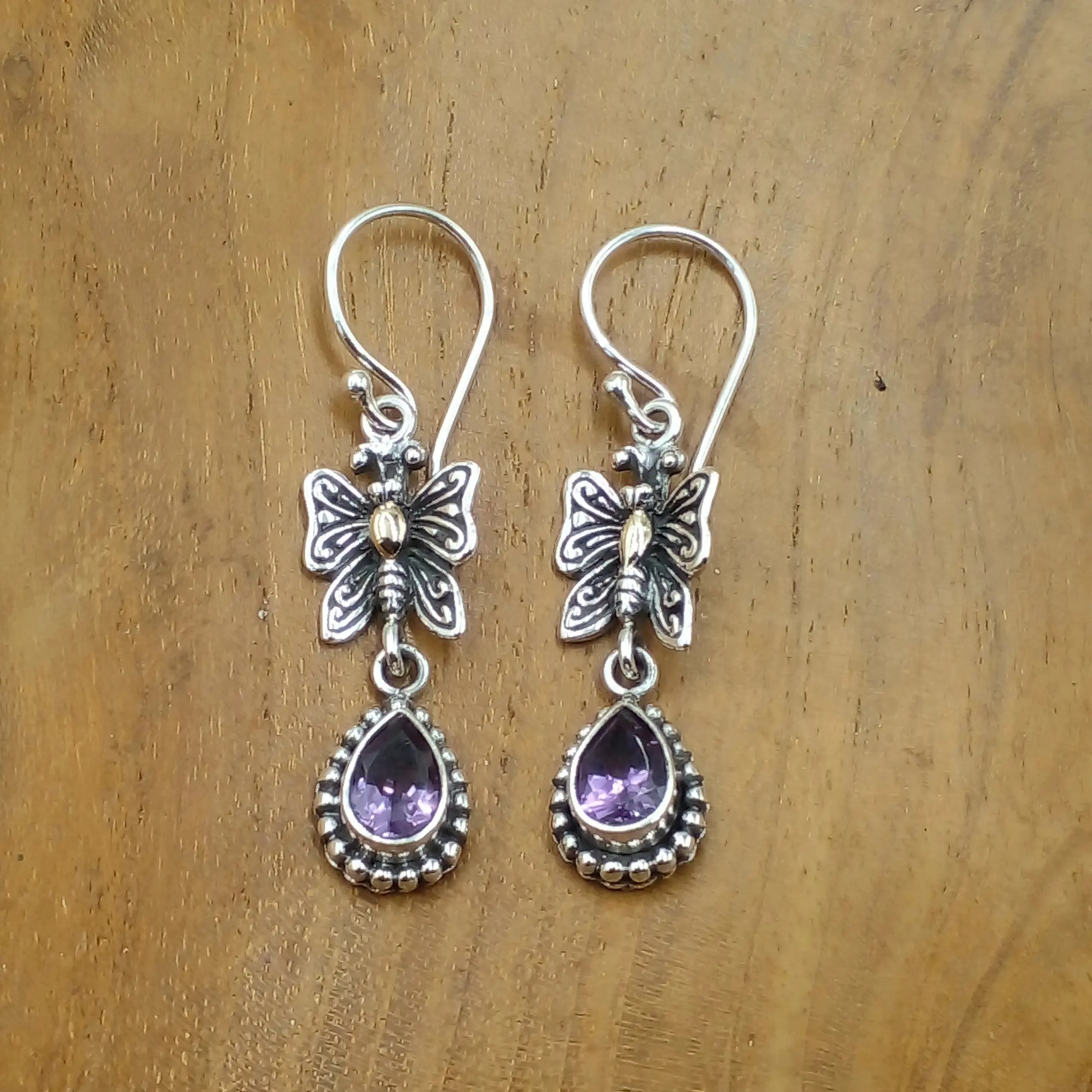 Filigree & Gemstone Silver Butterfly Hanging Earrings E1276BTZW323 - Image 2
