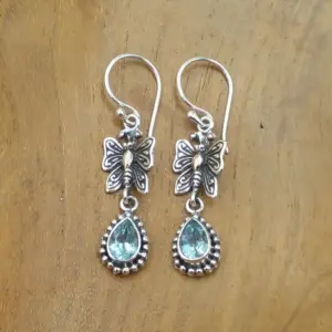 Filigree & Gemstone Silver Butterfly Hanging Earrings E1276BTZW323 - Image 1