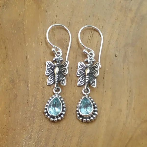 Filigree & Gemstone Silver Butterfly Hanging Earrings E1276BTZW323