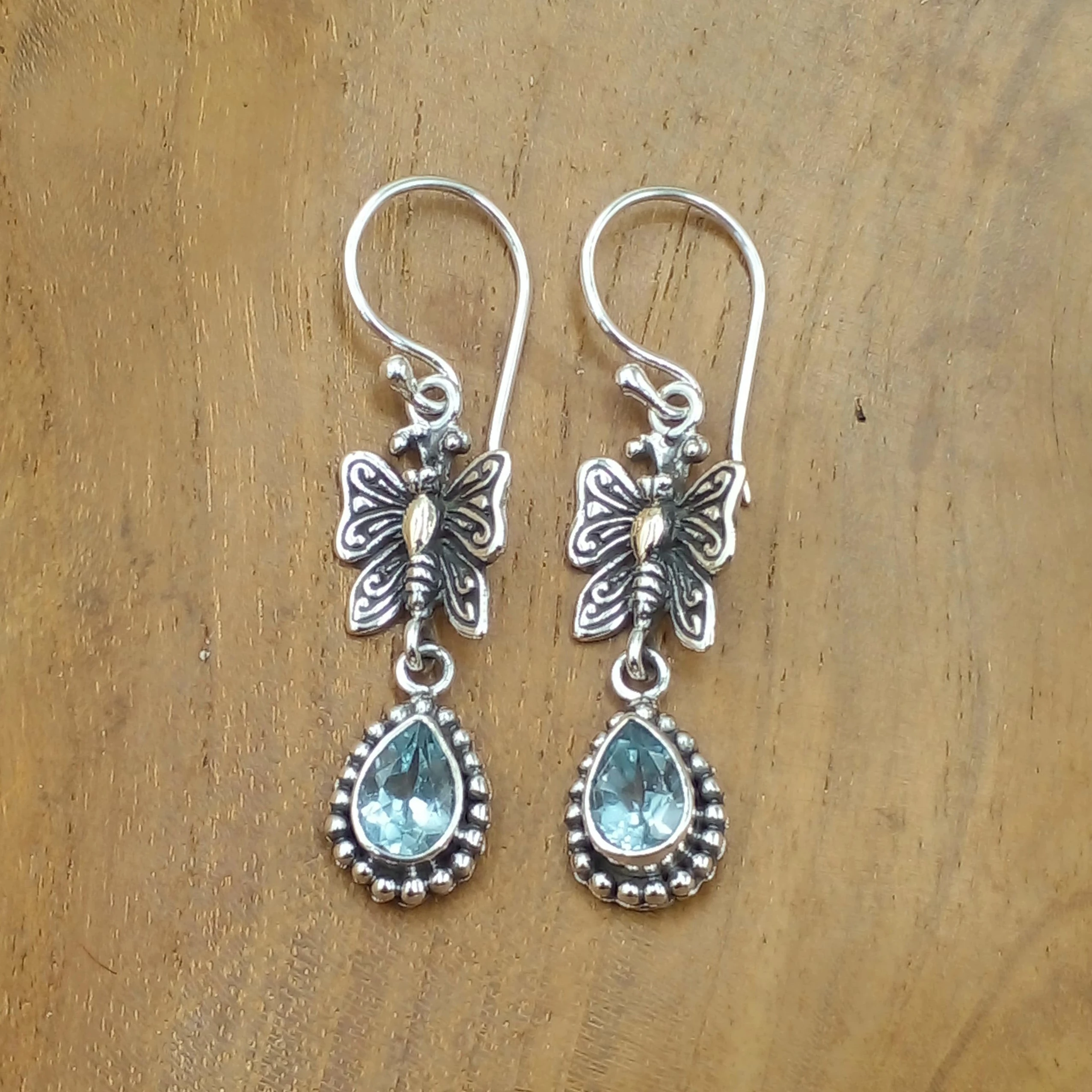 Filigree & Gemstone Silver Butterfly Hanging Earrings E1276BTZW323 - Image 1