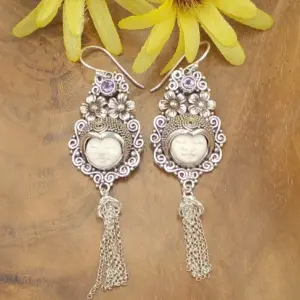 Javanese Silver Long Earrings Filigree Carved Face Classic Culture E1330AMYW858 - Image 1