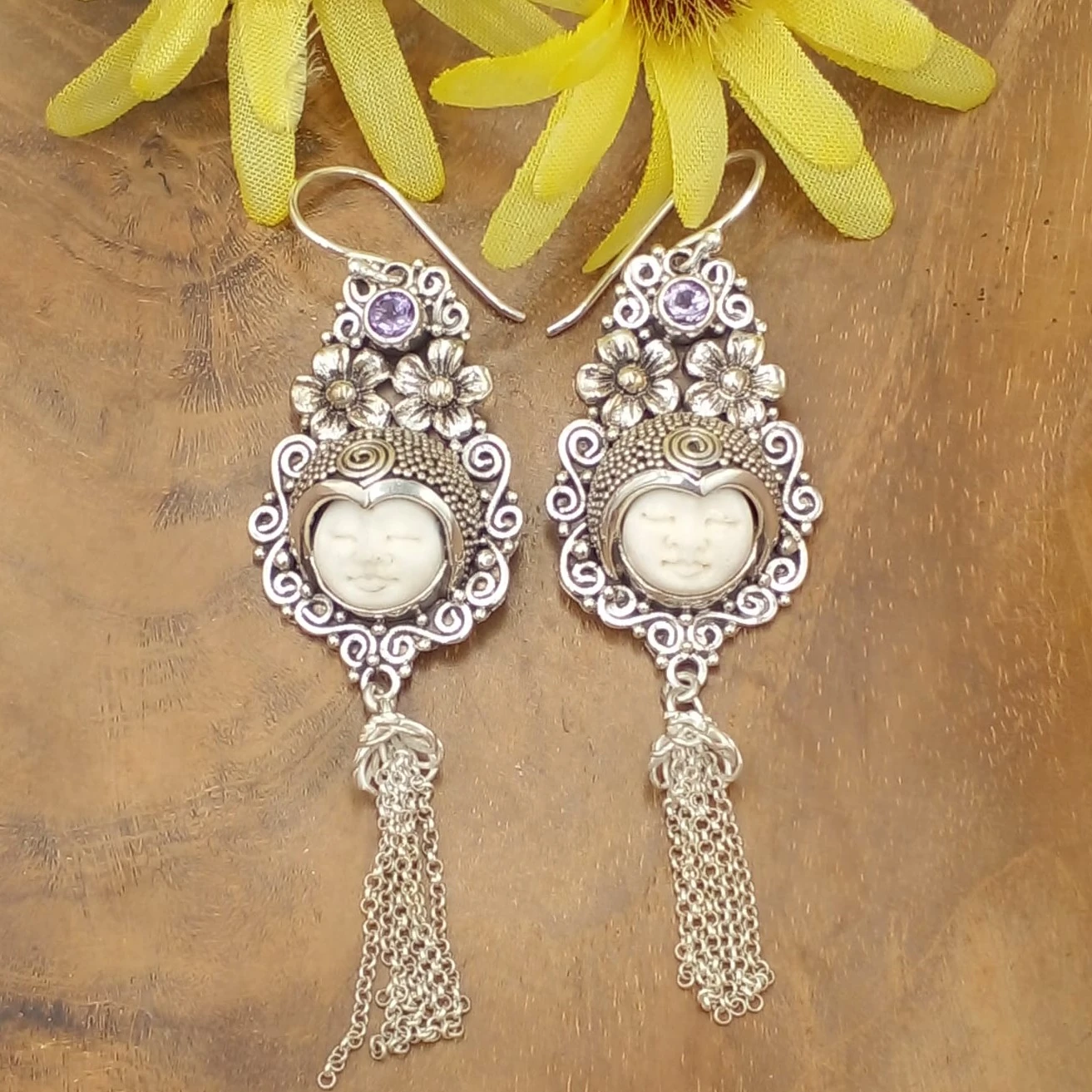 Javanese Silver Long Earrings Filigree Carved Face Classic Culture E1330AMYW858 - Image 1