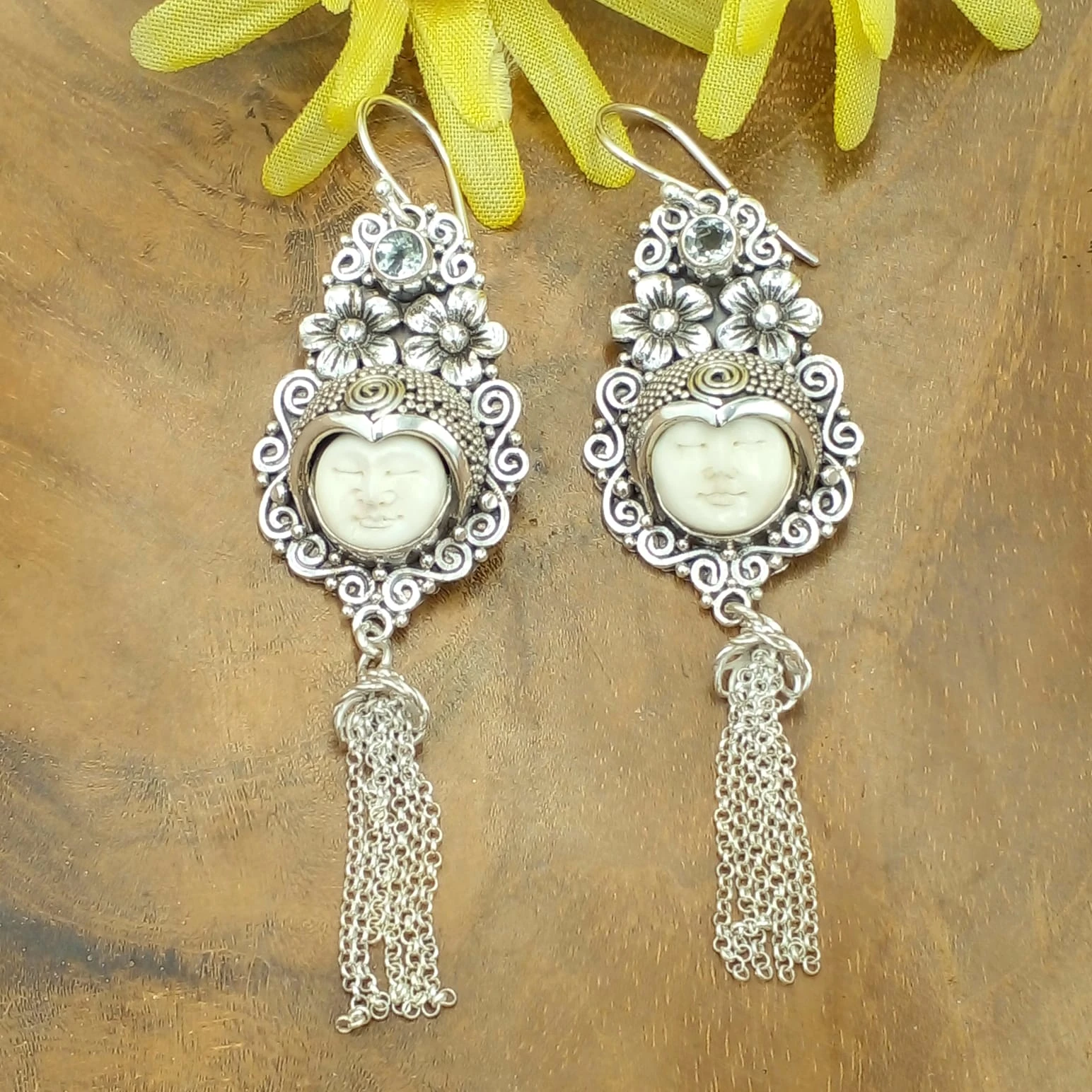 Javanese Silver Long Earrings Filigree Carved Face Classic Culture E1330AMYW858 - Image 2