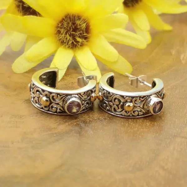 Balinese Subeng Earrings 925 Silver with Stones & 18K Gold Accents E1725G-AMYW545