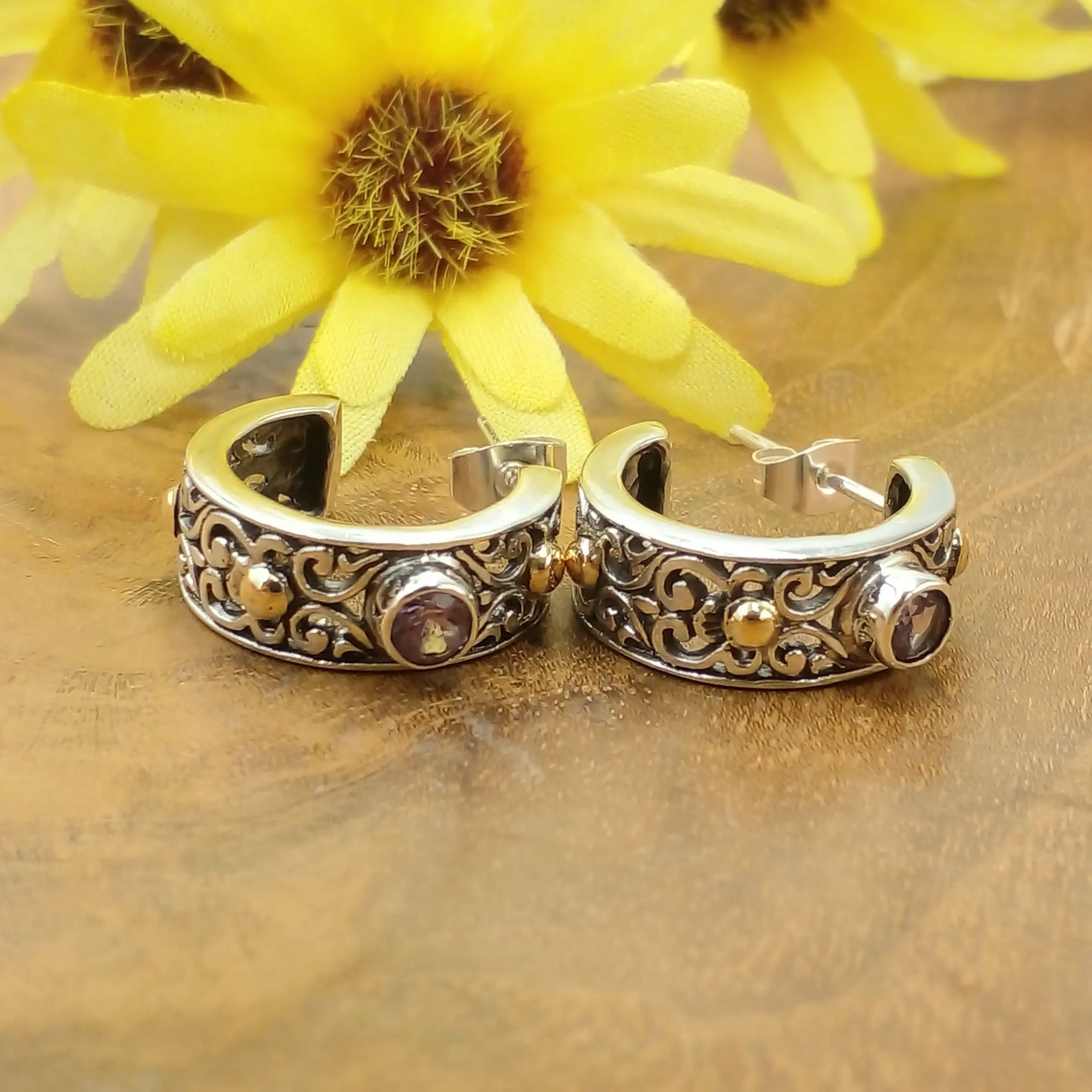 Balinese Subeng Earrings 925 Silver with Stones & 18K Gold Accents E1725G-AMYW545 - Image 1