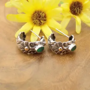 Balinese Carved 925 Silver Earrings with Stones & Gold Accents E1726GRO-W508 - Image 1