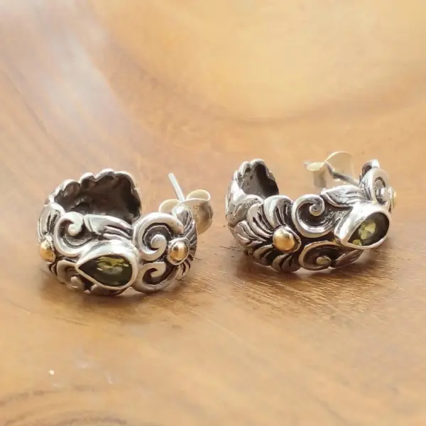 Balinese Carved 925 Silver Earrings with Stones & Gold Accents E1726GRO-W508
