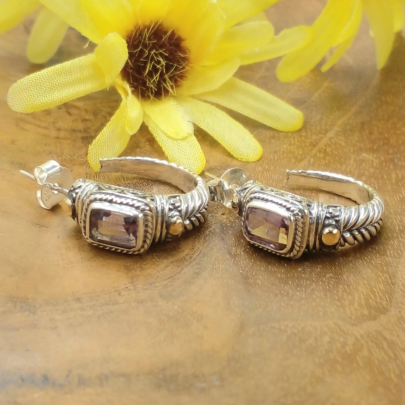 Balinese Carved 925 Sterling Silver Earrings with Rectangle Stones & Gold Accents E1726AMY-W582 - Image 1