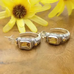 Balinese Carved 925 Sterling Silver Earrings with Rectangle Stones & Gold Accents E1726AMY-W582 - Image 2