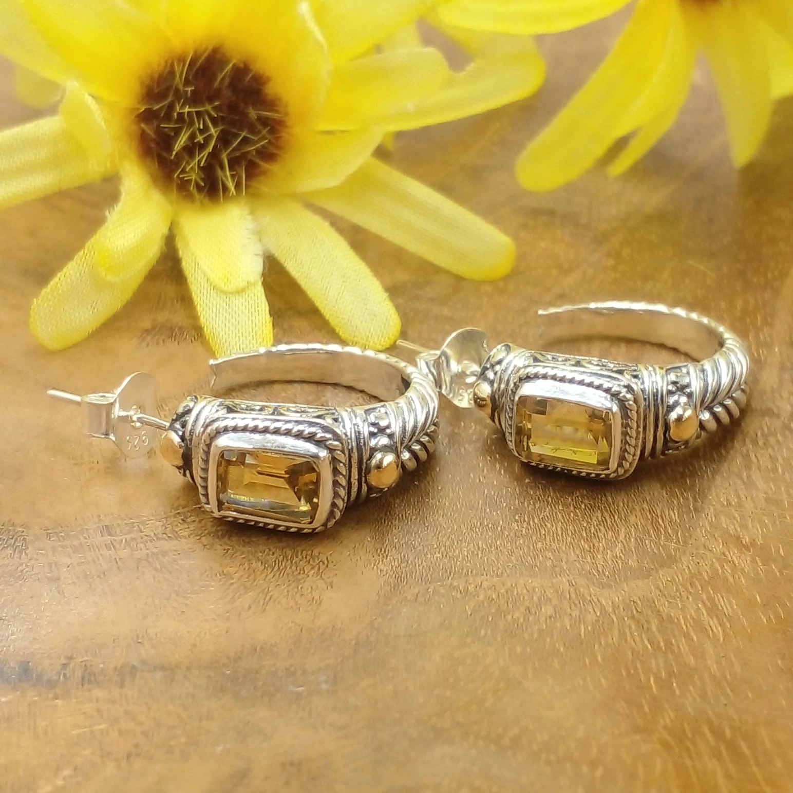 Balinese Carved 925 Sterling Silver Earrings with Rectangle Stones & Gold Accents E1726AMY-W582 - Image 2