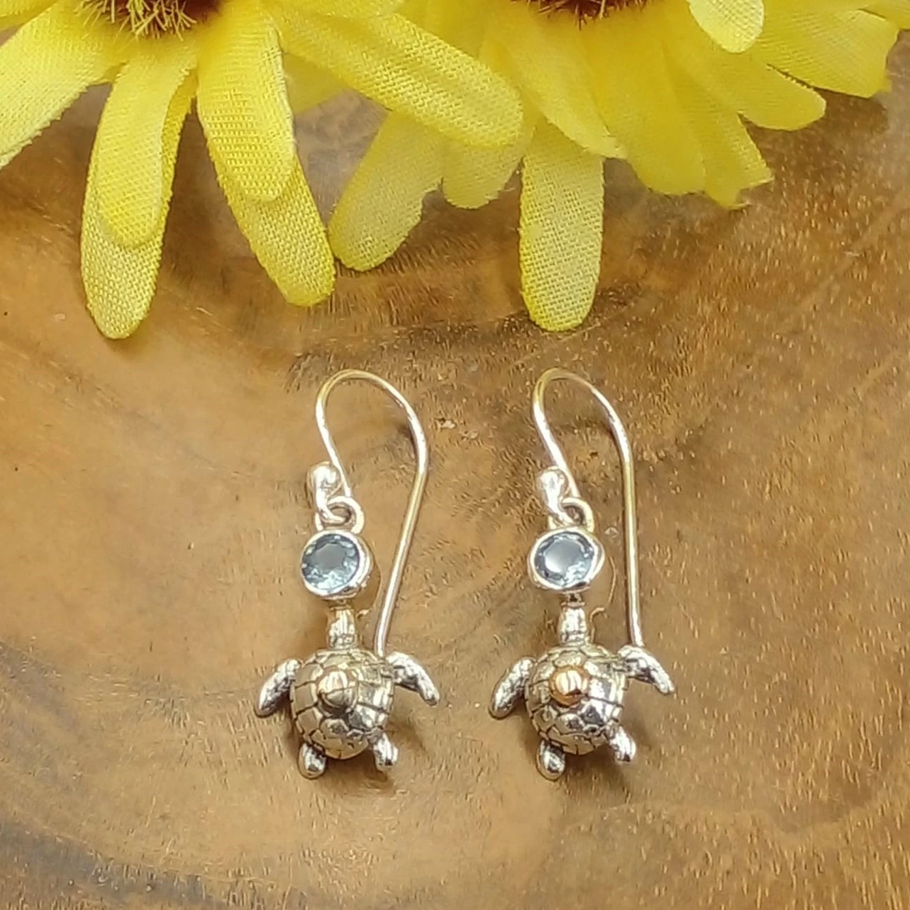 925 Sterling Silver Turtle Earrings with Stones & Gold Accents E1737BTZ-W310 - Image 1