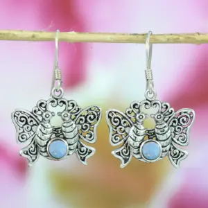 925 Silver Earrings with Balinese Butterfly Motif and Blue Opal Stone E383OPLW220