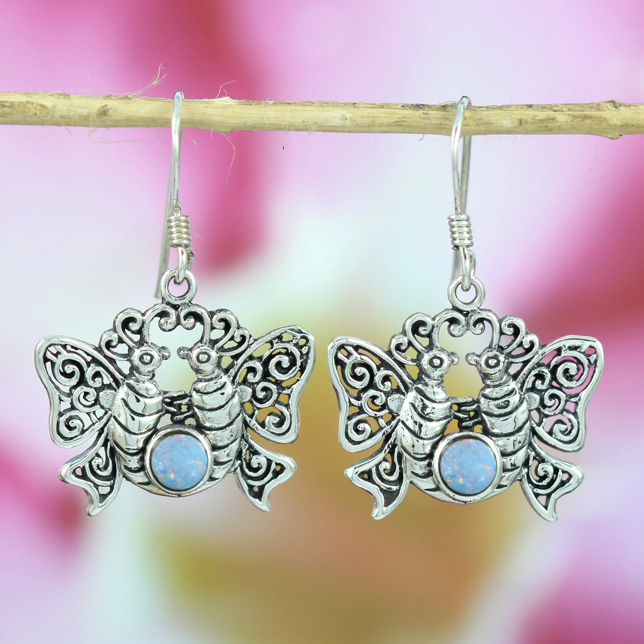 925 Silver Earrings with Balinese Butterfly Motif and Blue Opal Stone E383OPLW220 - Image 1