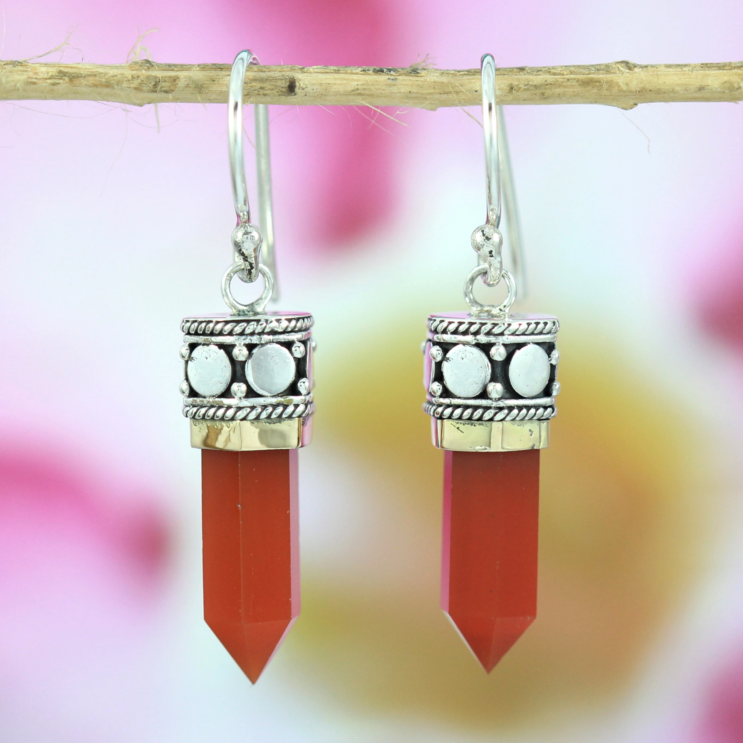 Armadelo Pencil Style 925 Silver Red Carnelian Stone Hanging Earrings E444CLNW323 - Image 1