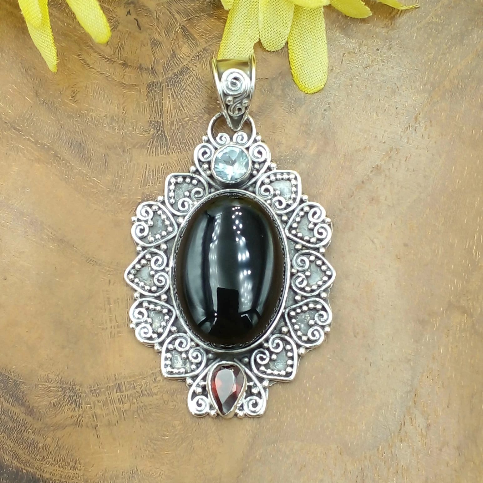 Balinese Silver Pendant with Gems P843AB-W489