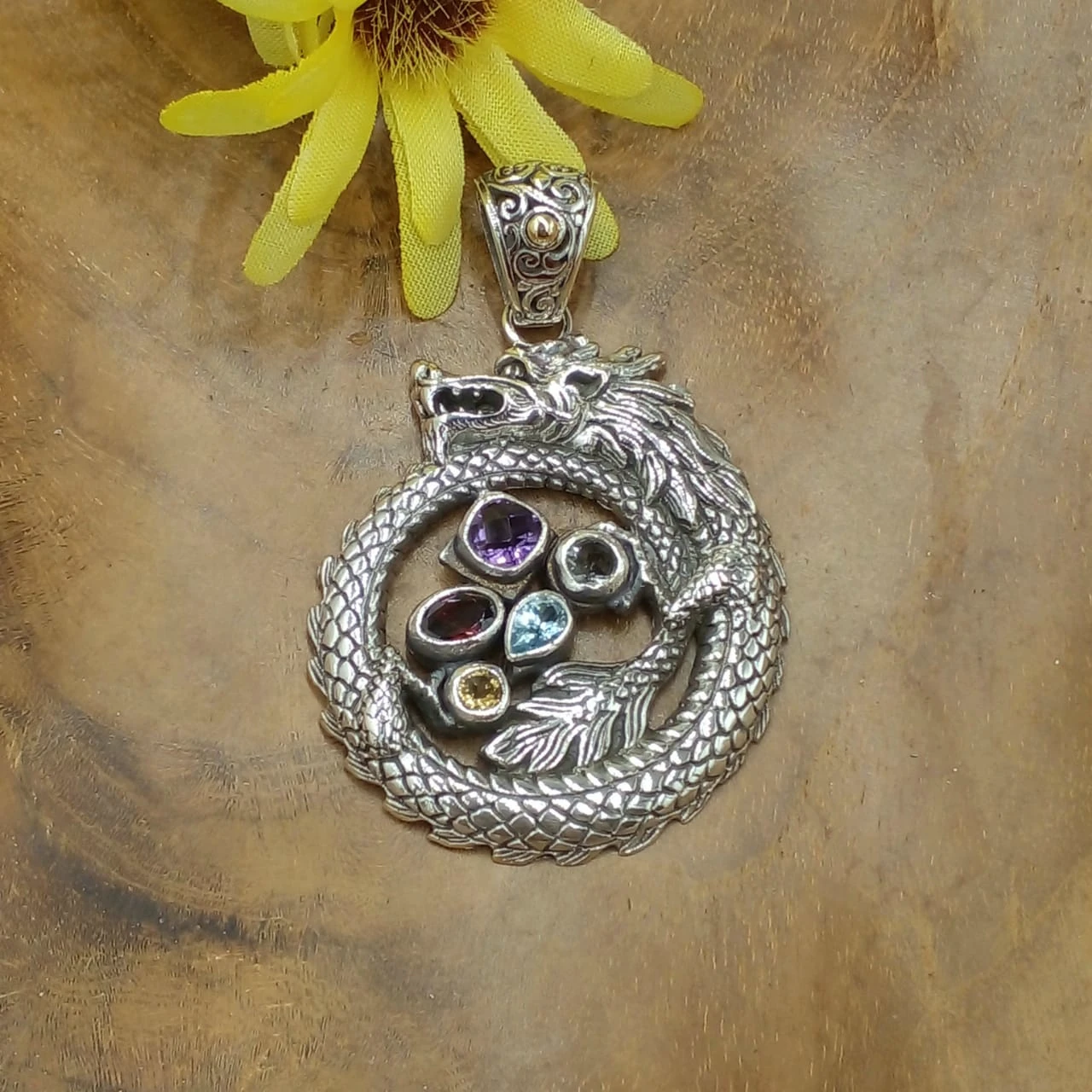 Silver Dragon Pendant with Multi-Gems P867A-W923