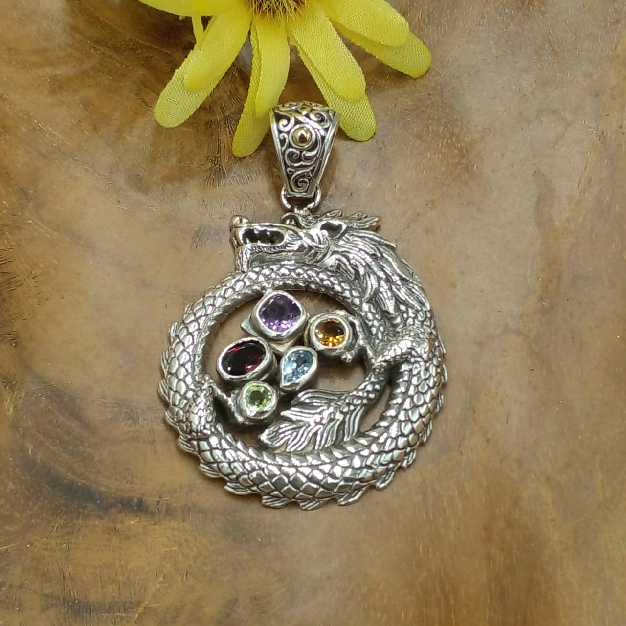 Silver Dragon Pendant with Multi-Gems P867A-W923