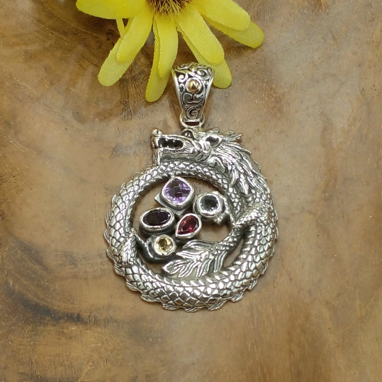 Silver Dragon Pendant with Multi-Gems P867A-W923