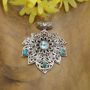 925 Sterling Silver Lotus Flower Mandala Design Pendant with Gems P871W877